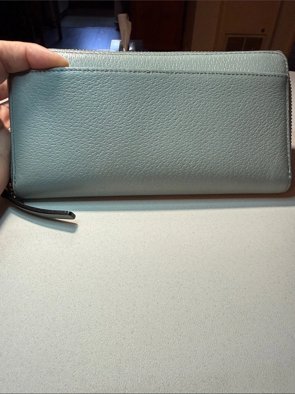 kate spade light blue pebbled gold tone zip-around wallet